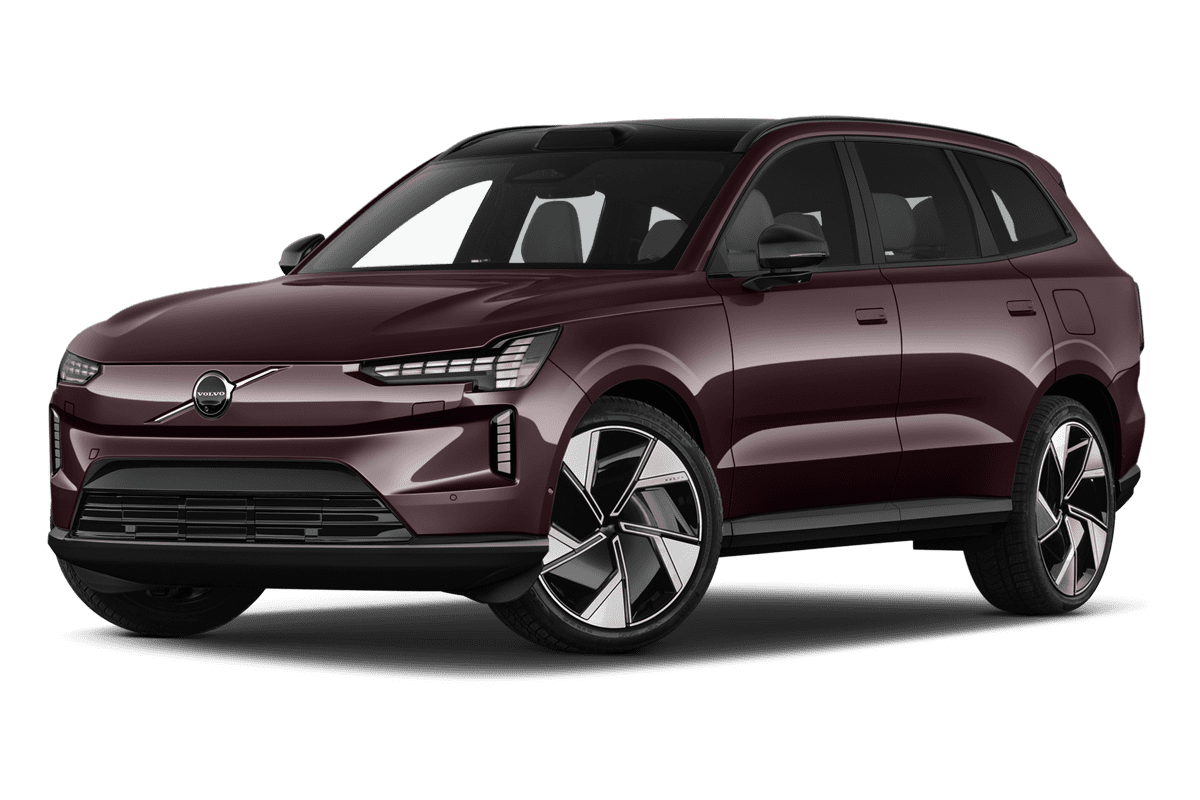 Tiefe, schräge Heckansicht eines Volvo EX90, freigestellt (KI-generiert)