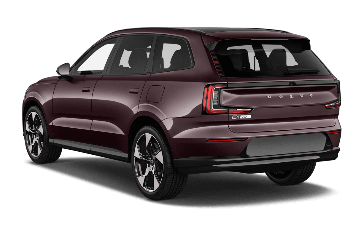 Schräge Heckansicht eines Volvo EX90, freigestellt