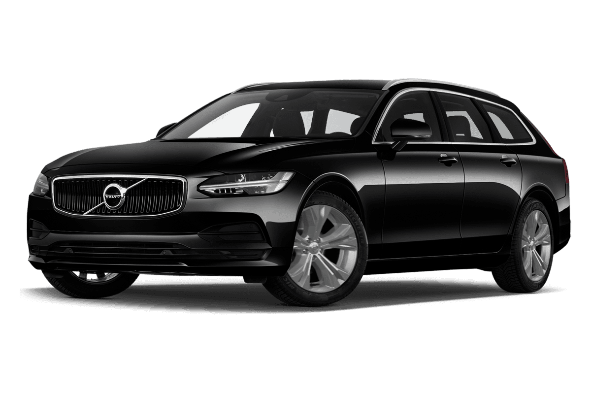 Tiefe, schräge Heckansicht eines Volvo V90, freigestellt