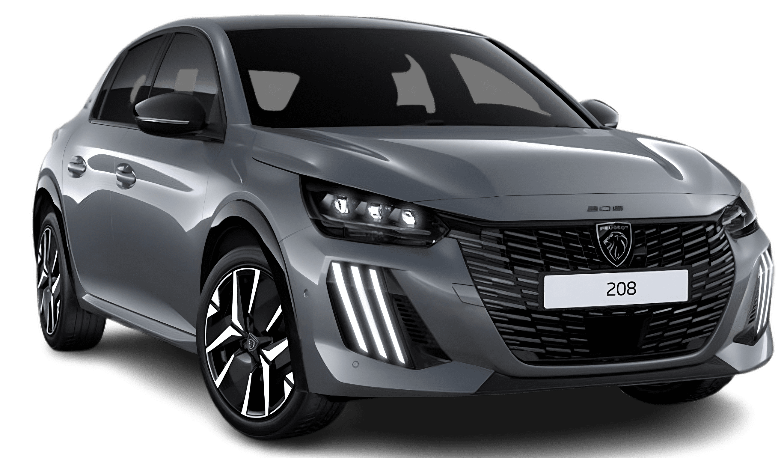 Schräge Frontansicht auf einen Peugeot 208, freigestellt