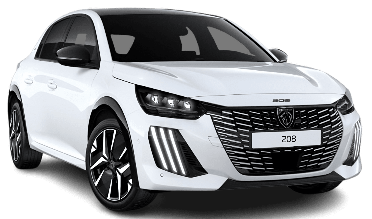 Schräge Frontansicht auf einen Peugeot 208, freigestellt