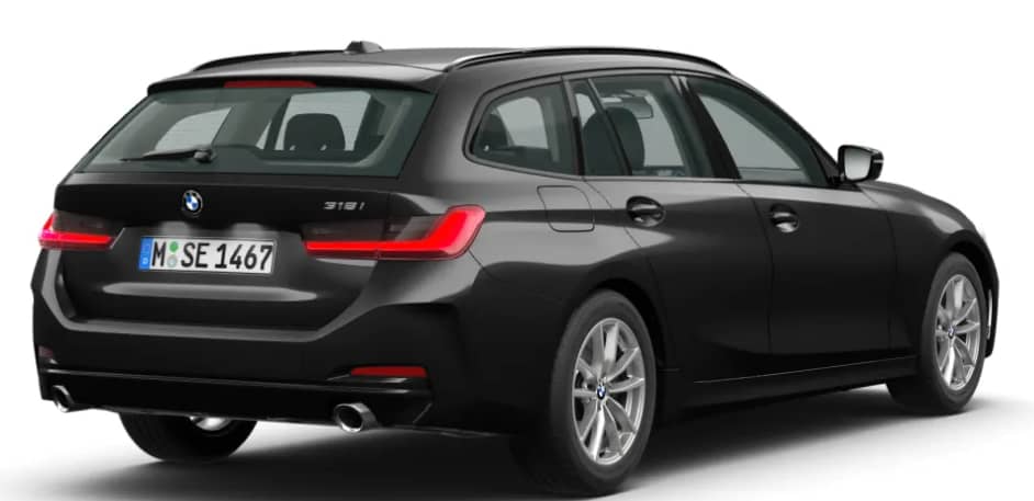 Schräge Heckansicht auf einen BMW 3er-Reihe, freigestellt