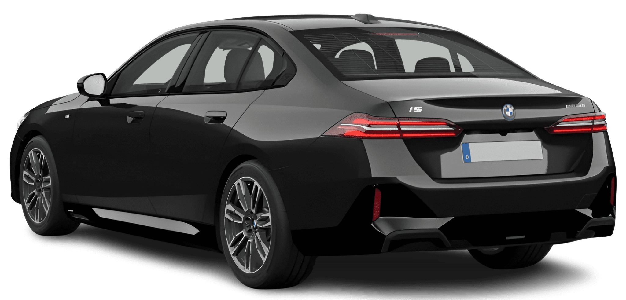 Schräge Heckansicht auf einen BMW i5, freigestellt
