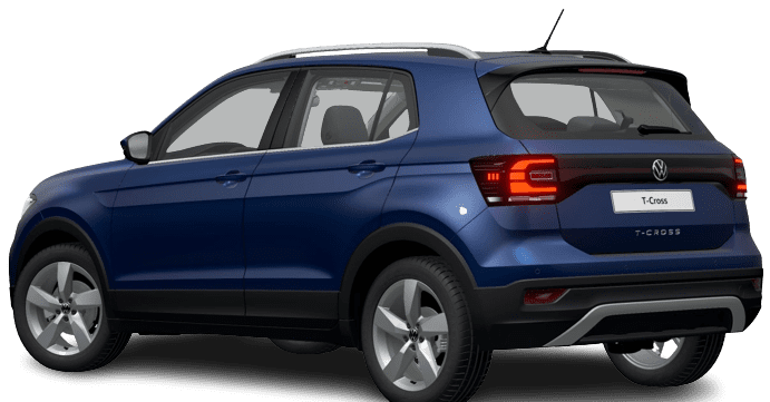 Schräge Heckansicht auf einen Volkswagen T-Cross, freigestellt