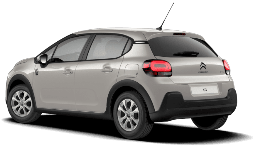 Schräge Heckansicht auf einen Citroën C3, freigestellt