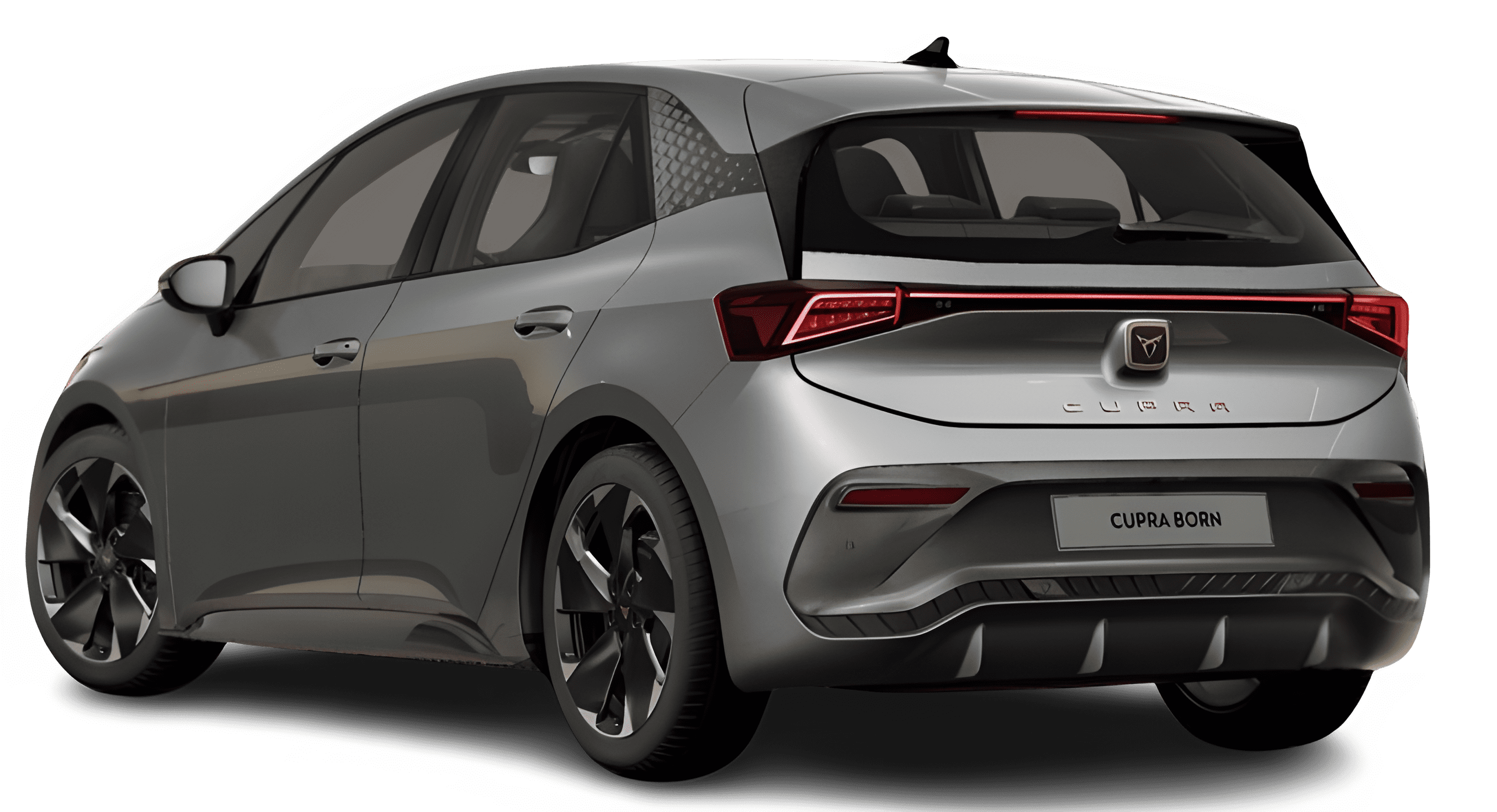 Schräge Heckansicht auf einen CUPRA Born, freigestellt