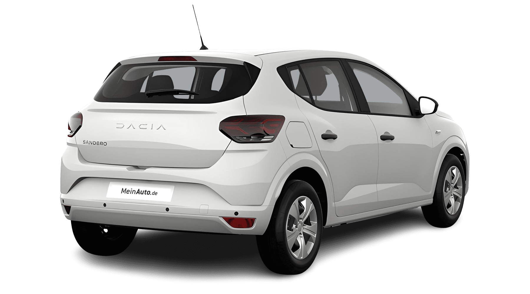 Schräge Heckansicht auf einen Dacia Sandero, freigestellt