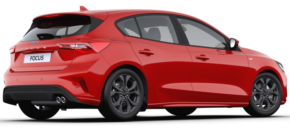 Schräge Heckansicht auf einen Ford Focus, freigestellt