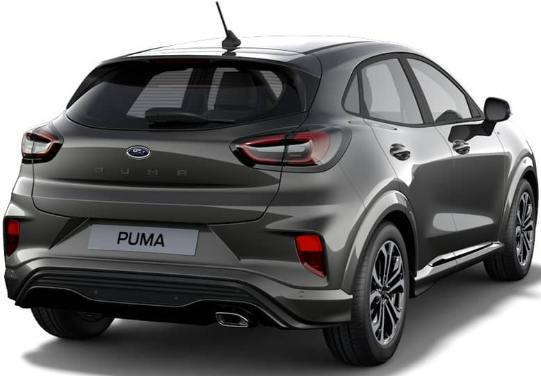 Schräge Heckansicht auf einen Ford Puma, freigestellt
