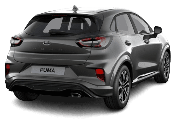 Schräge Heckansicht auf einen Ford Puma, freigestellt