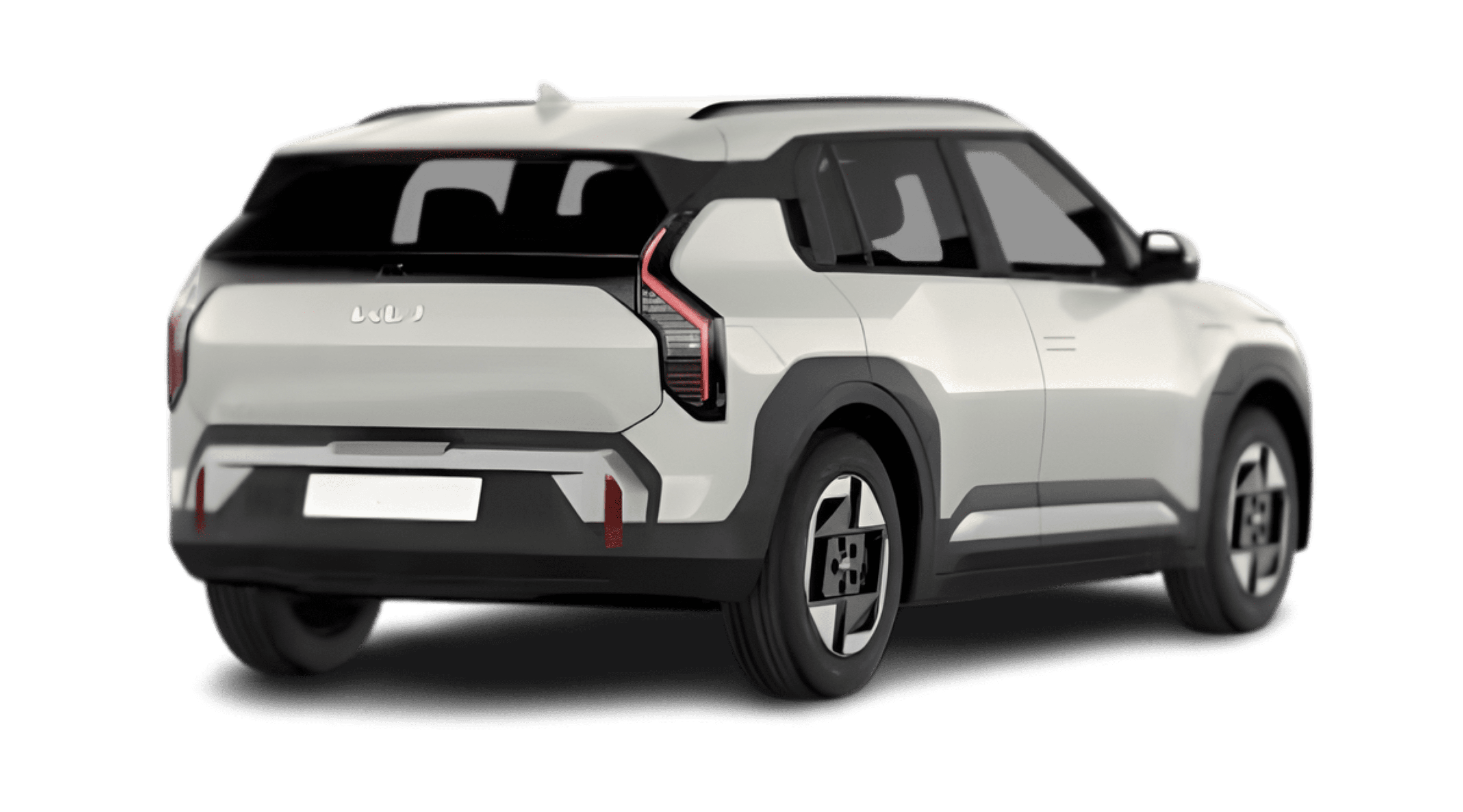 Schräge Heckansicht eines Kia EV3, freigestellt
