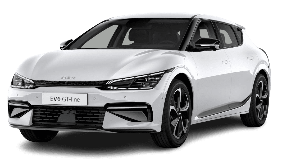 Schräge Frontansicht auf einen Kia EV6, freigestellt