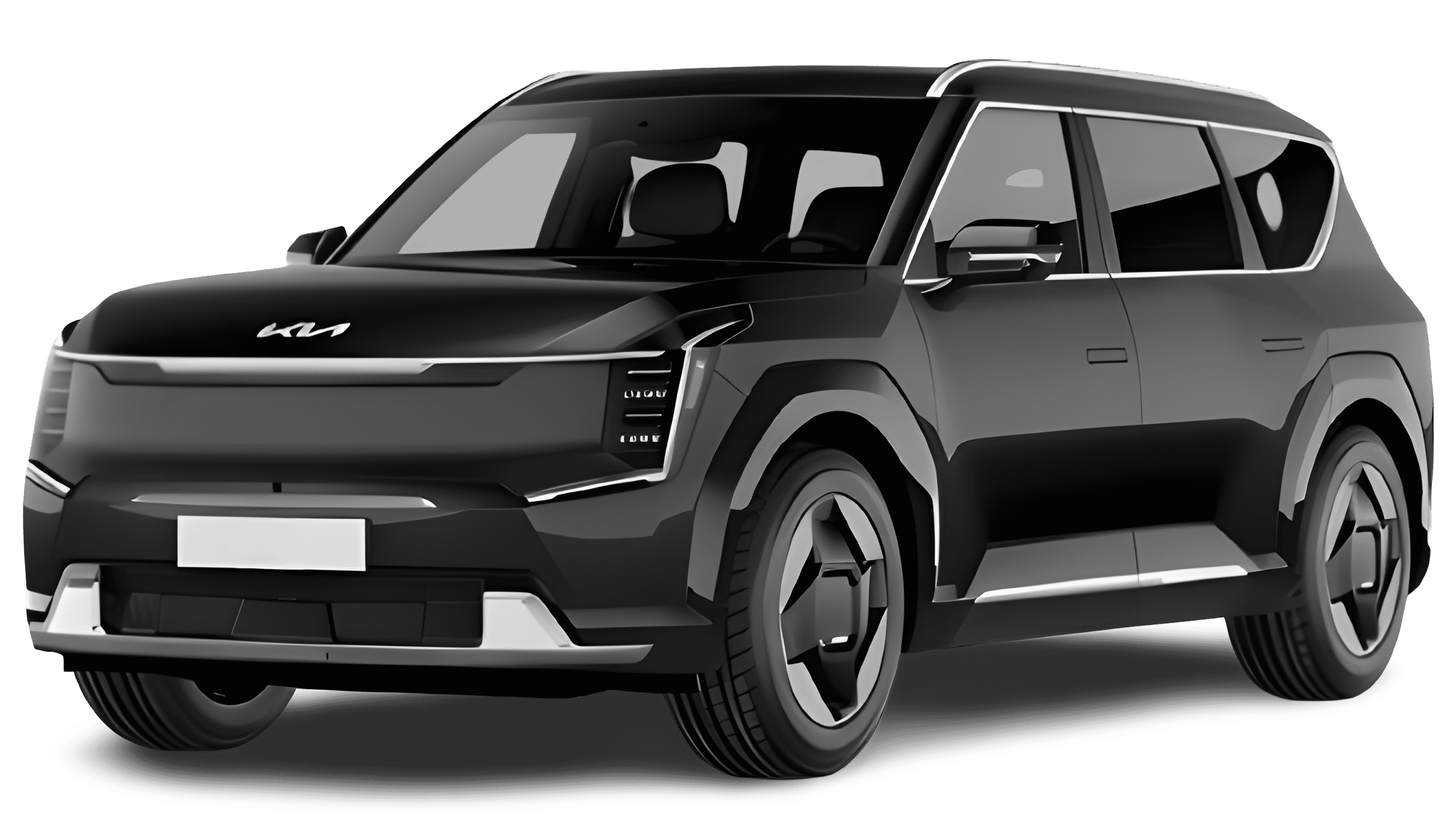 Schräge Frontansicht auf einen Kia EV9, freigestellt