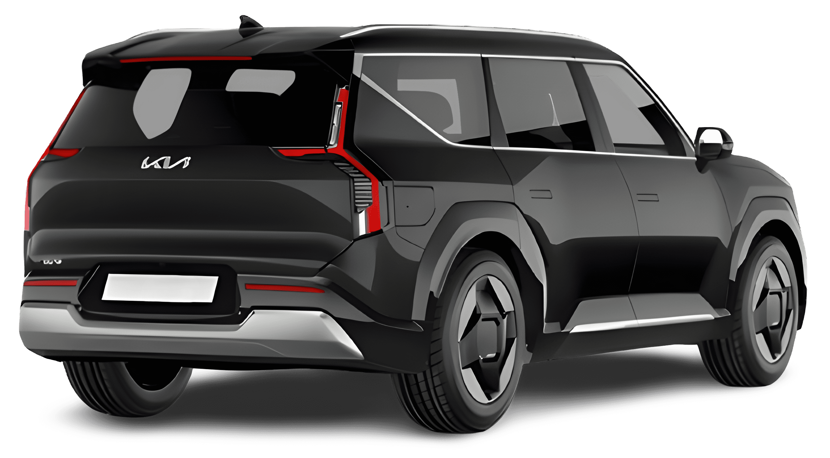 Schräge Heckansicht auf einen Kia EV9, freigestellt
