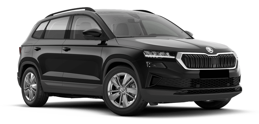 Schräge Frontansicht auf einen Skoda Karoq, freigestellt