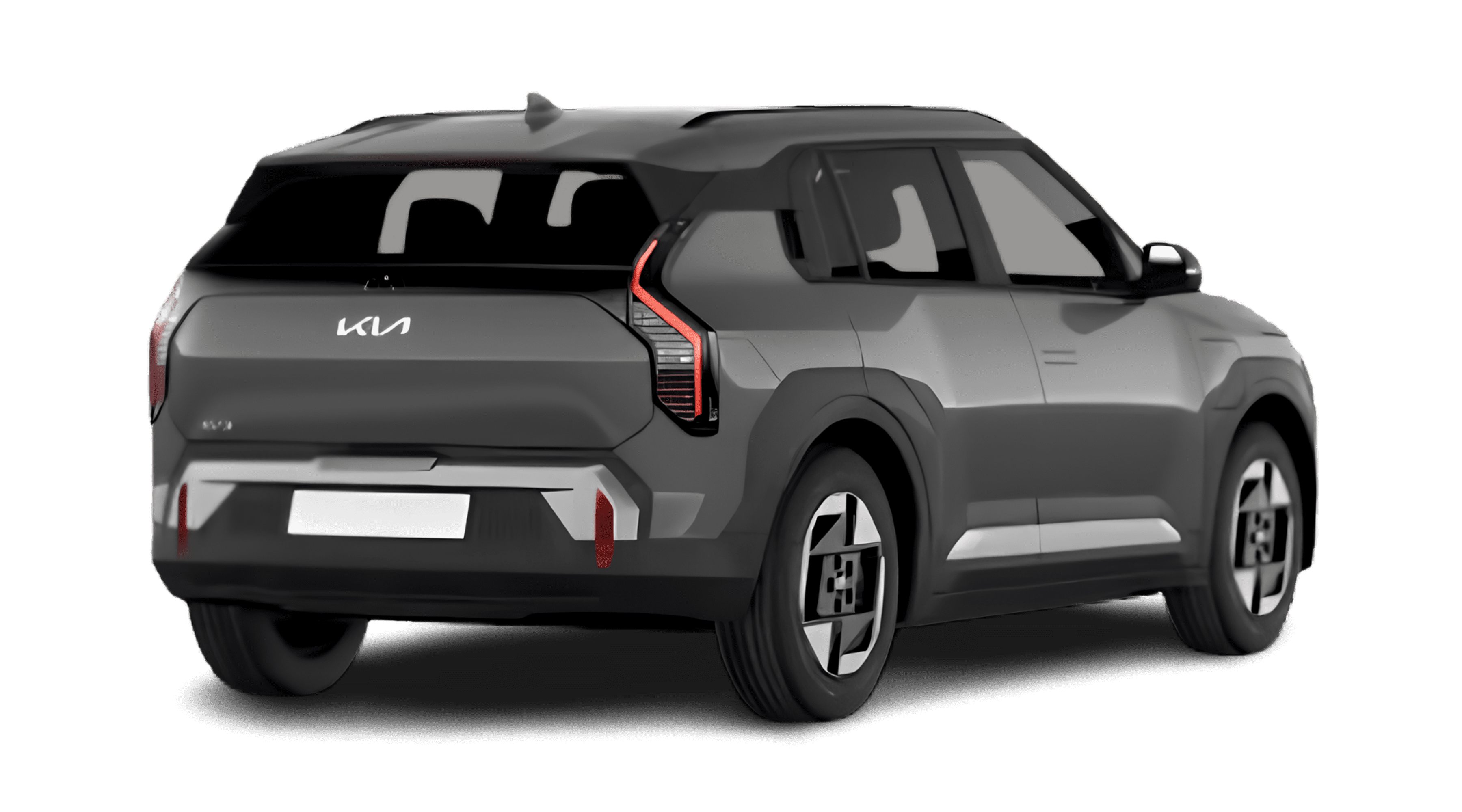 Schräge Heckansicht eines Kia EV3, freigestellt
