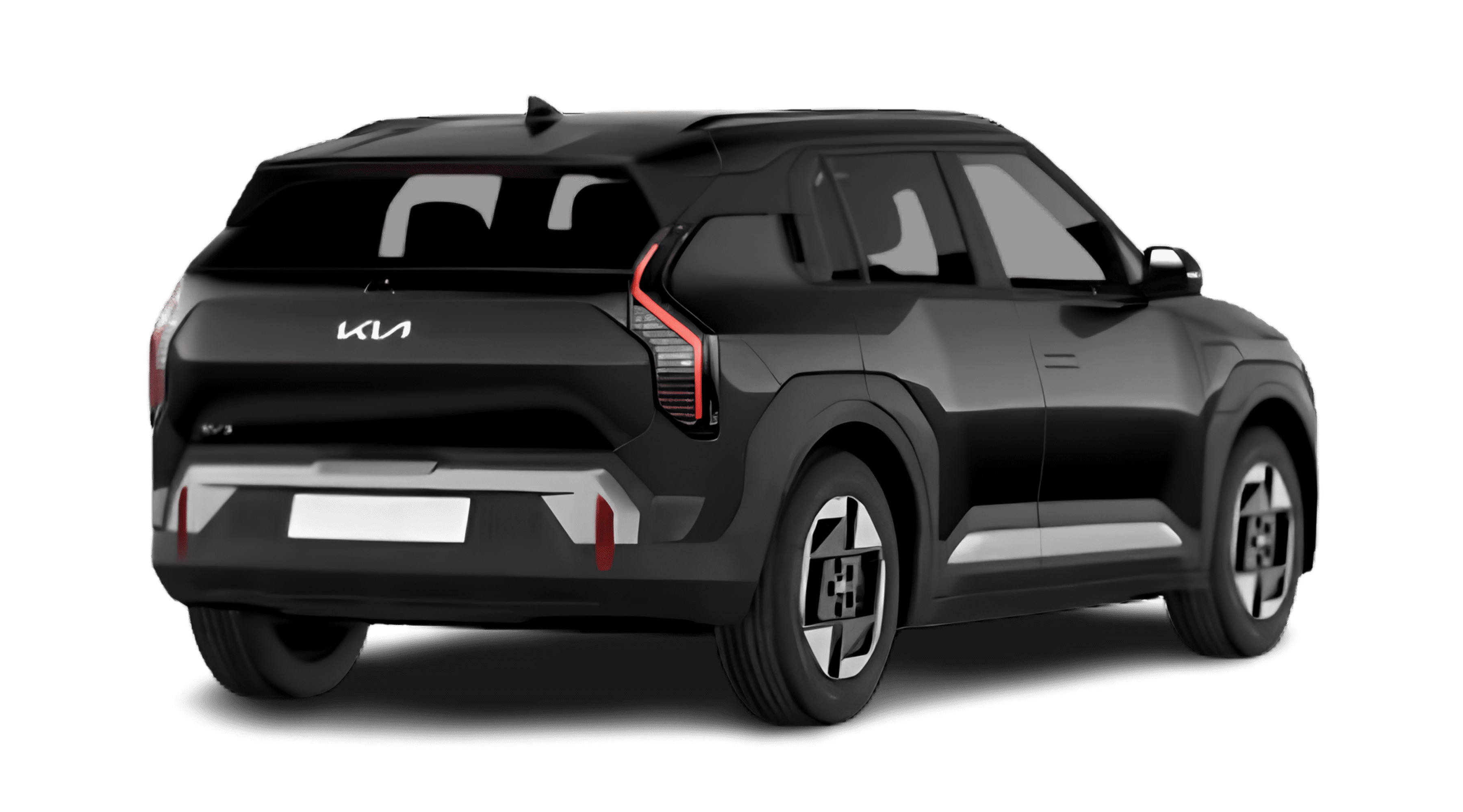 Schräge Heckansicht eines Kia EV3, freigestellt