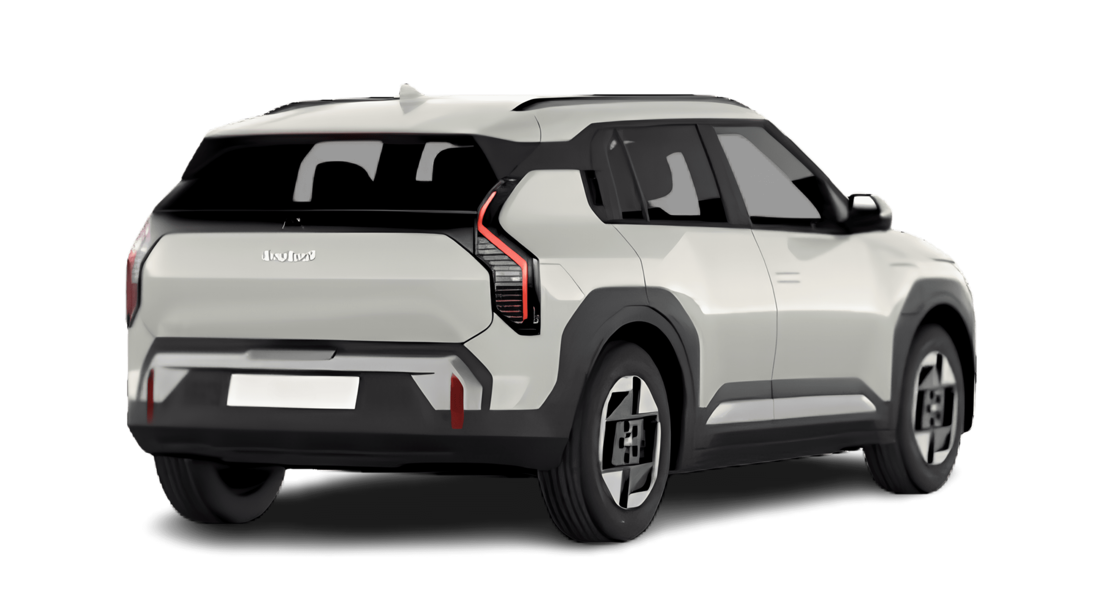 Schräge Heckansicht eines Kia EV3, freigestellt