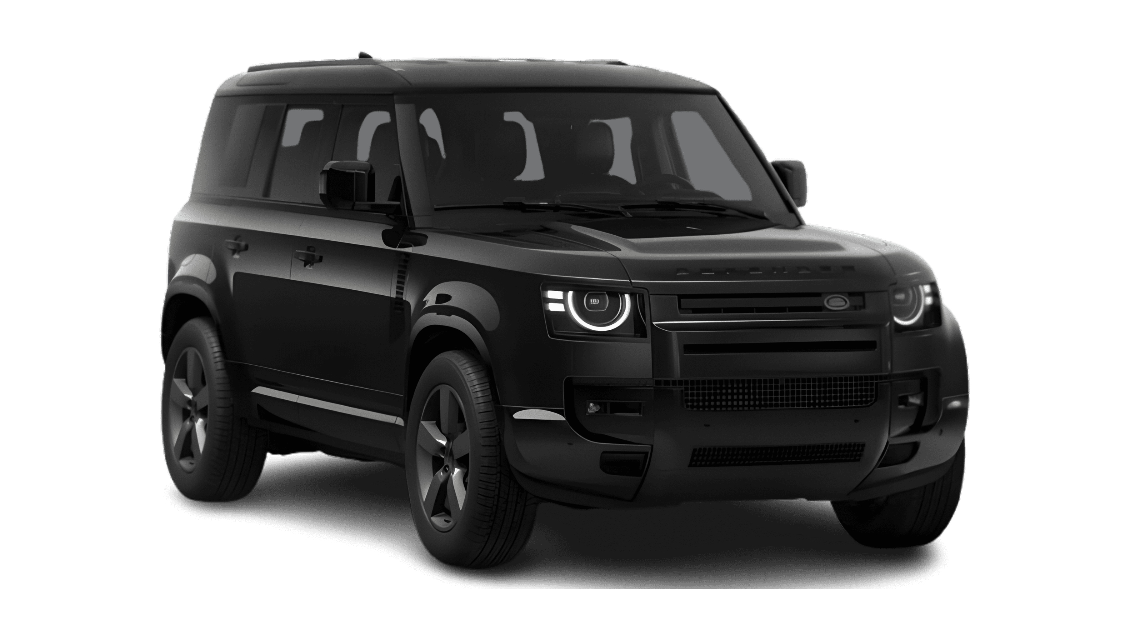 Schräge Frontansicht eines Land Rover Defender, freigestellt