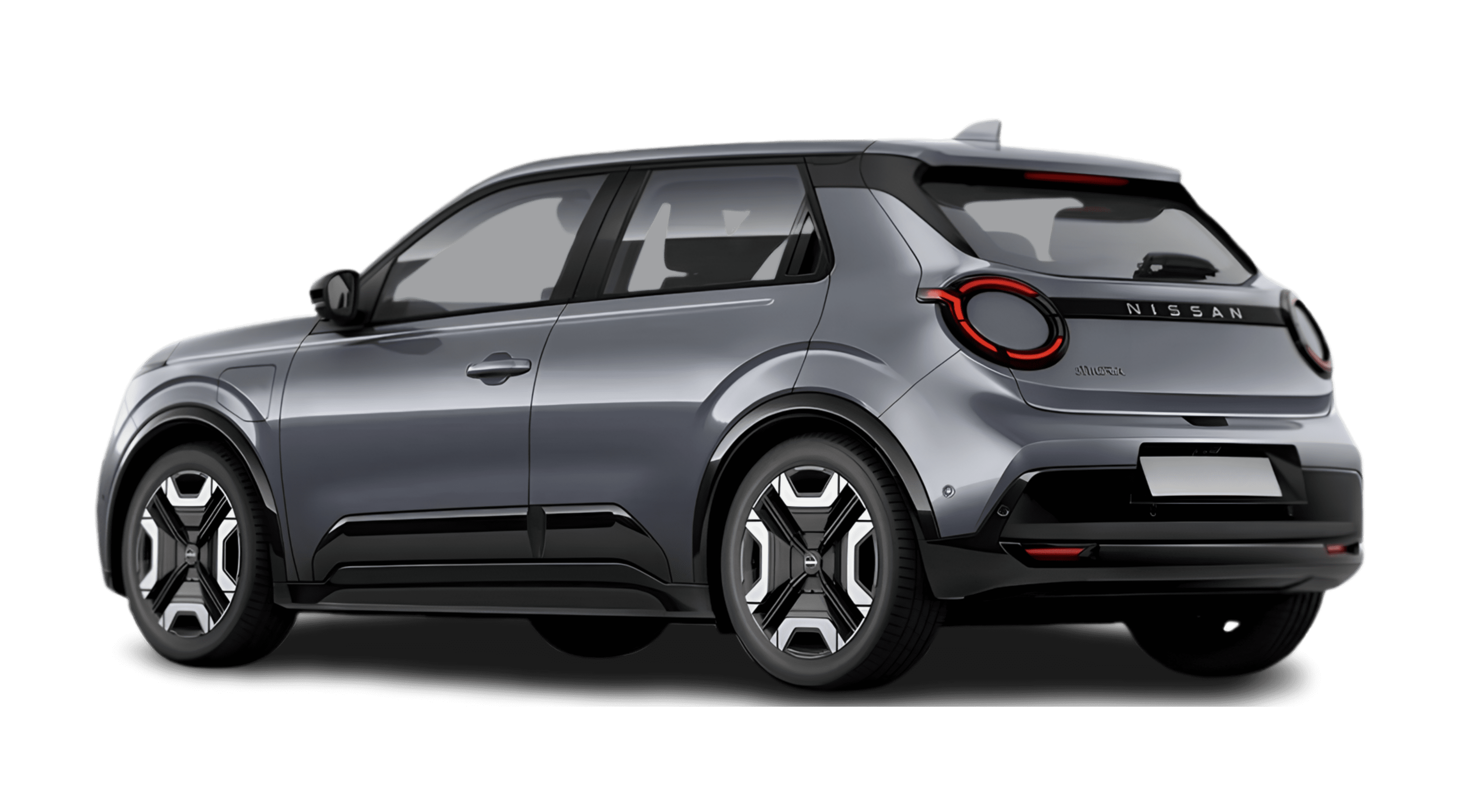 Schräge Heckansicht eines Nissan Micra, freigestellt