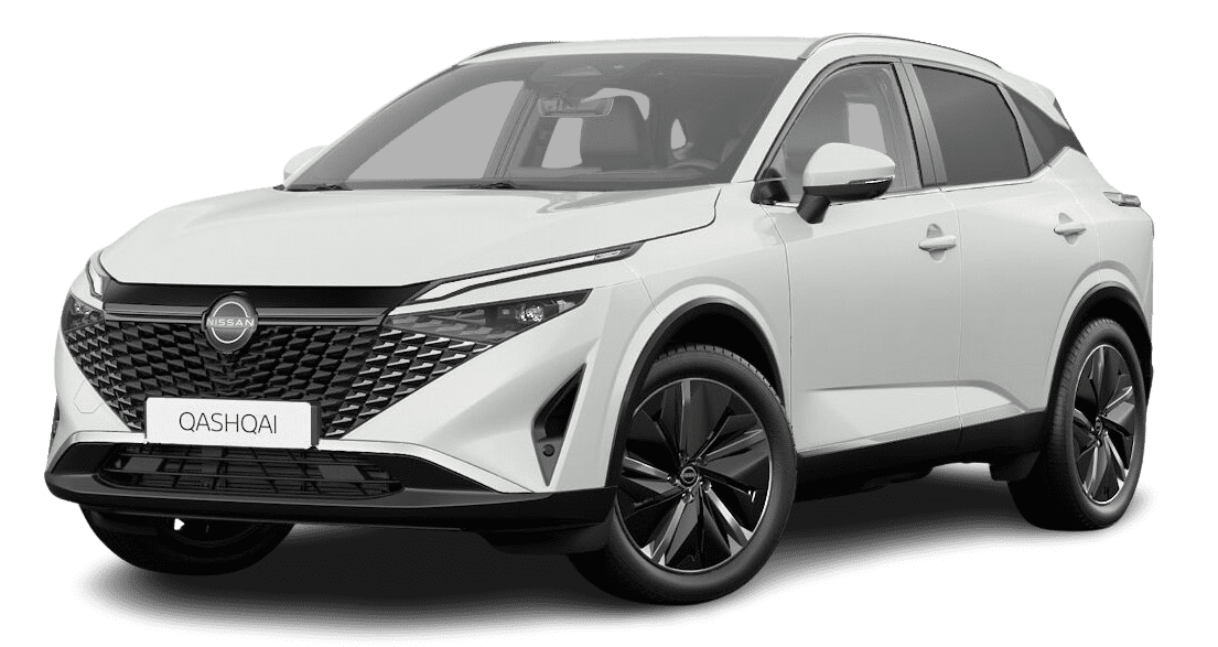 Schräge Frontansicht auf einen Nissan Qashqai, freigestellt