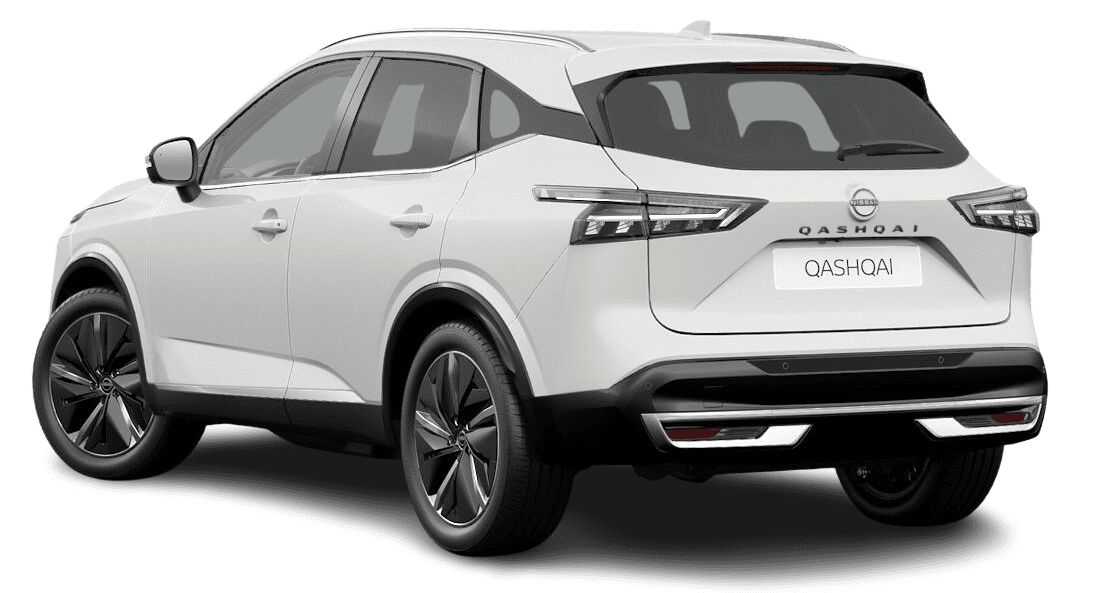 Schräge Heckansicht auf einen Nissan Qashqai, freigestellt