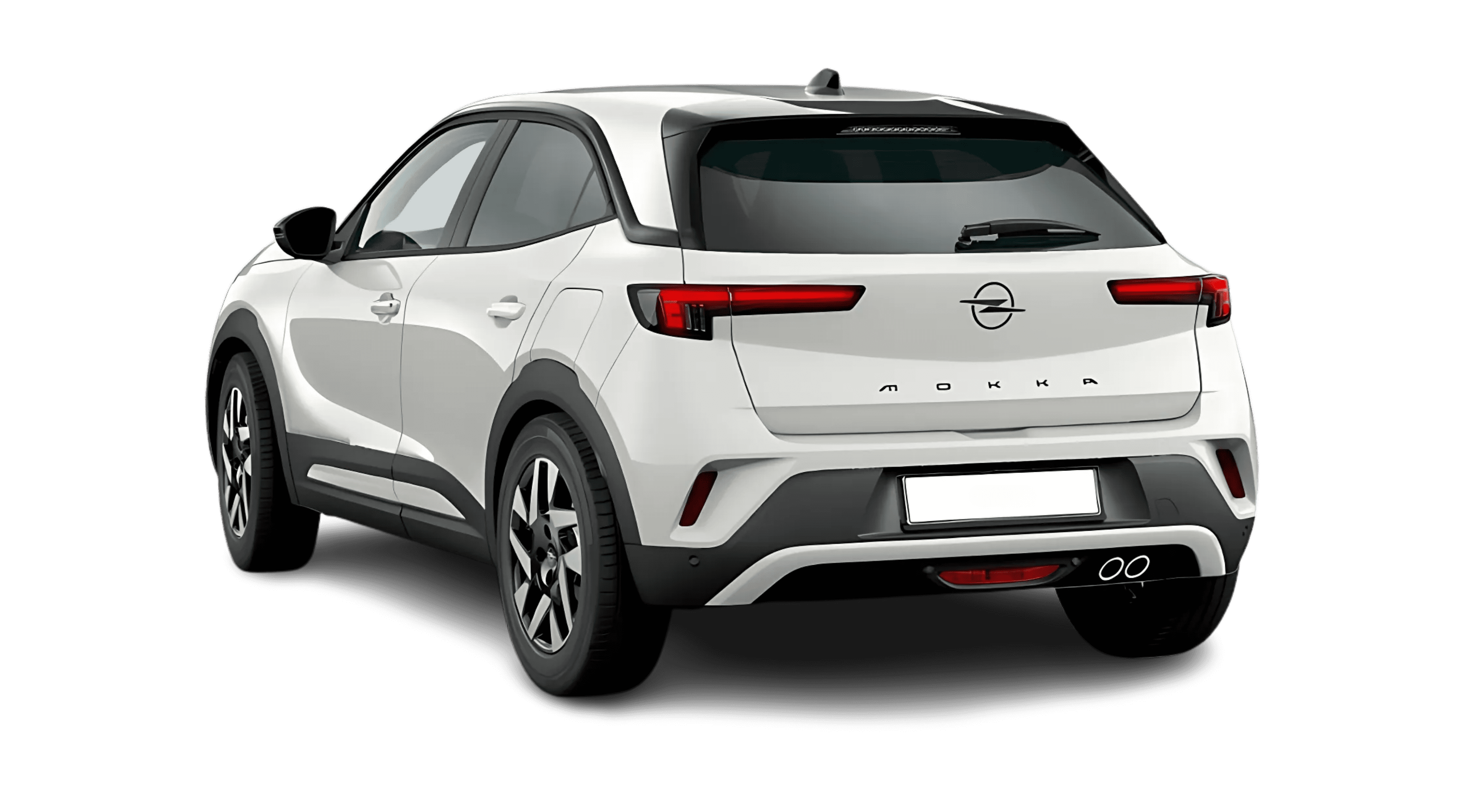Schräge Heckansicht auf einen Opel Mokka, freigestellt