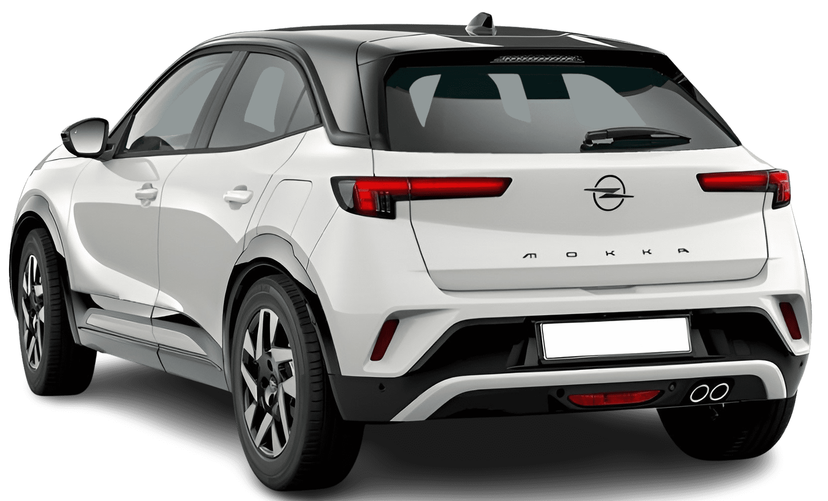 Schräge Heckansicht auf einen Opel Mokka, freigestellt