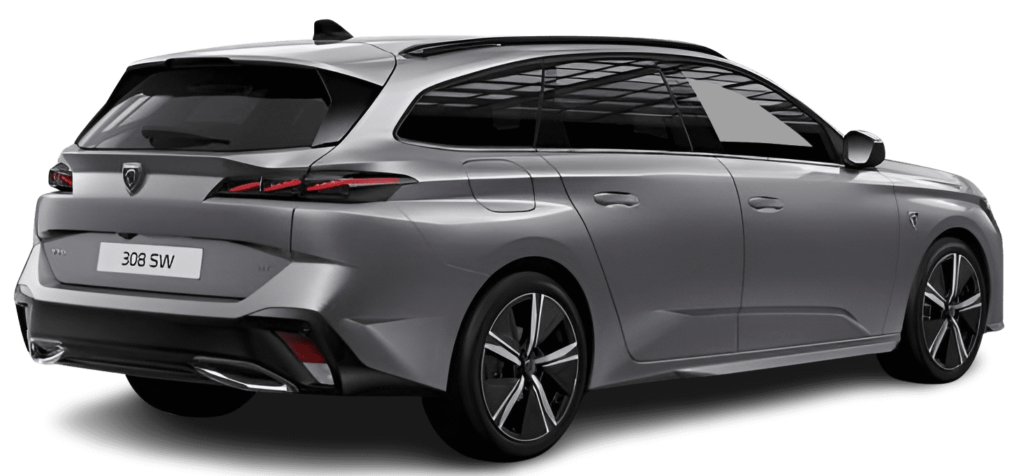 Schräge Heckansicht auf einen Peugeot 308, freigestellt