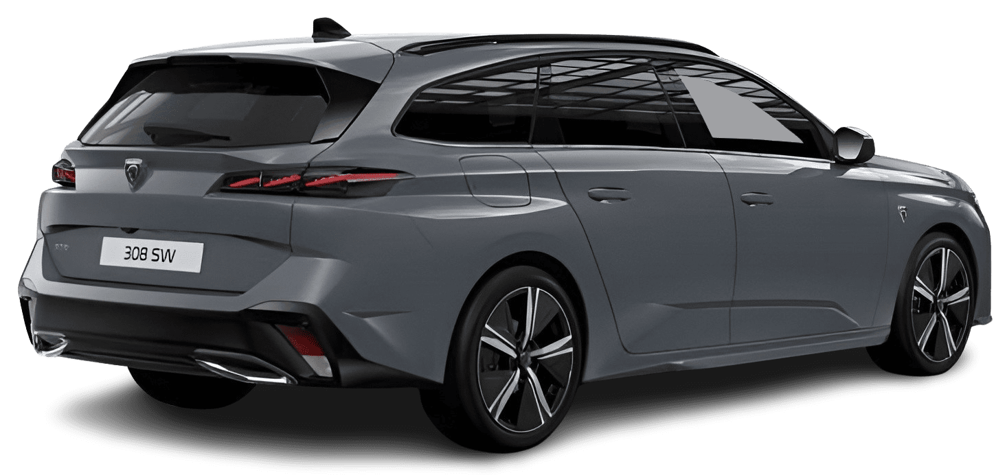 Schräge Heckansicht auf einen Peugeot 308, freigestellt
