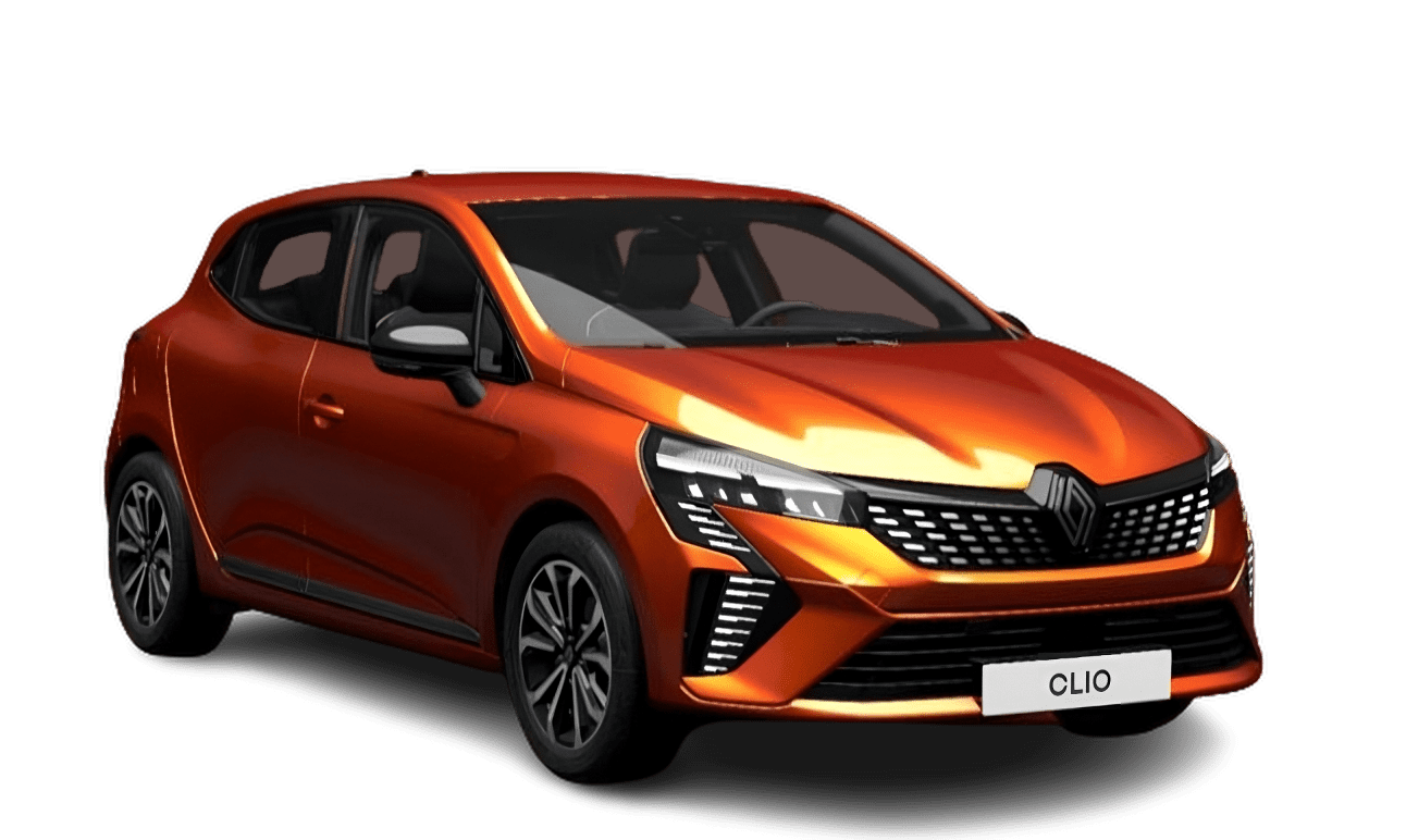 Schräge Frontansicht auf einen Renault Clio, freigestellt