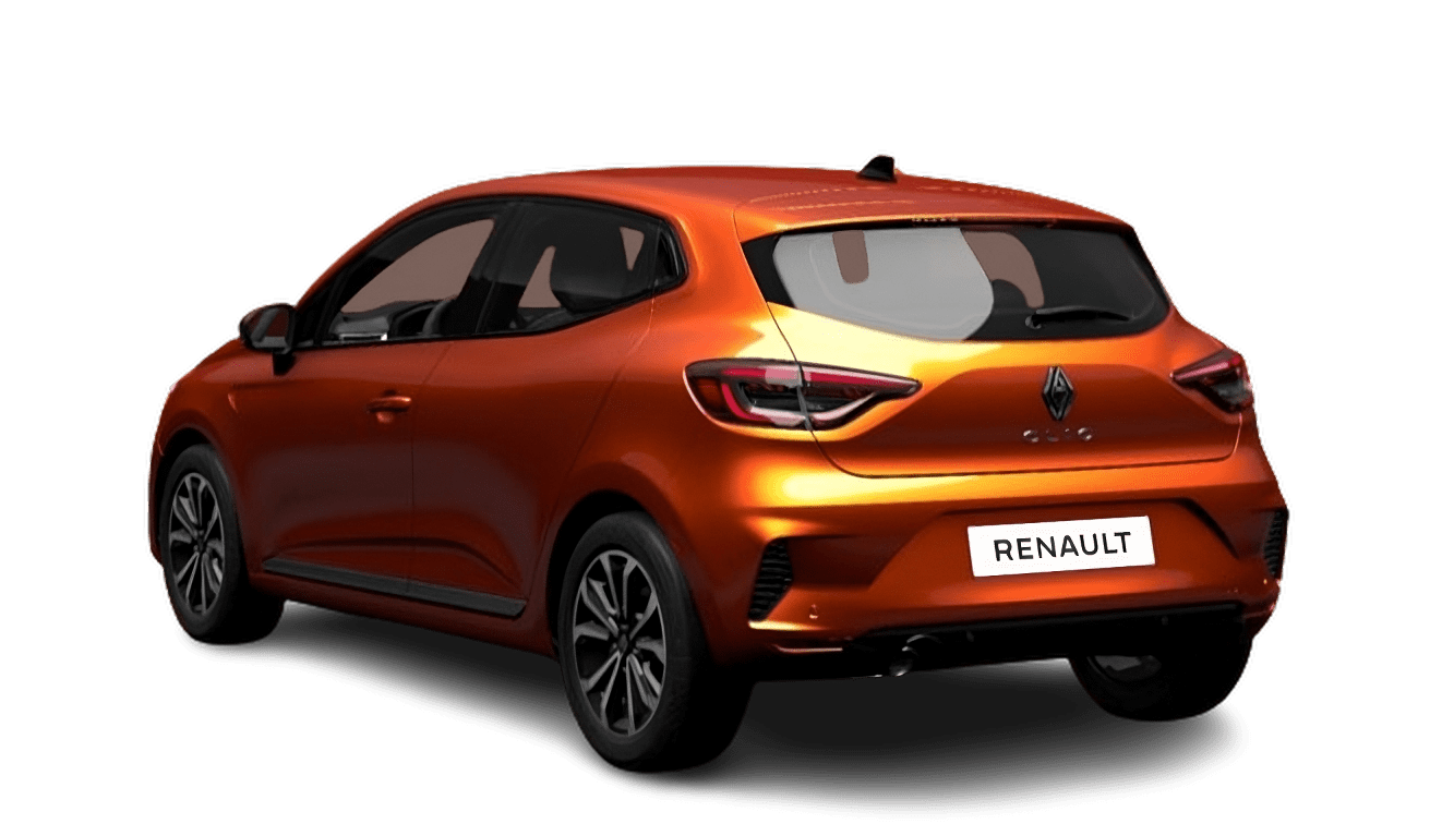 Schräge Heckansicht auf einen Renault Clio, freigestellt