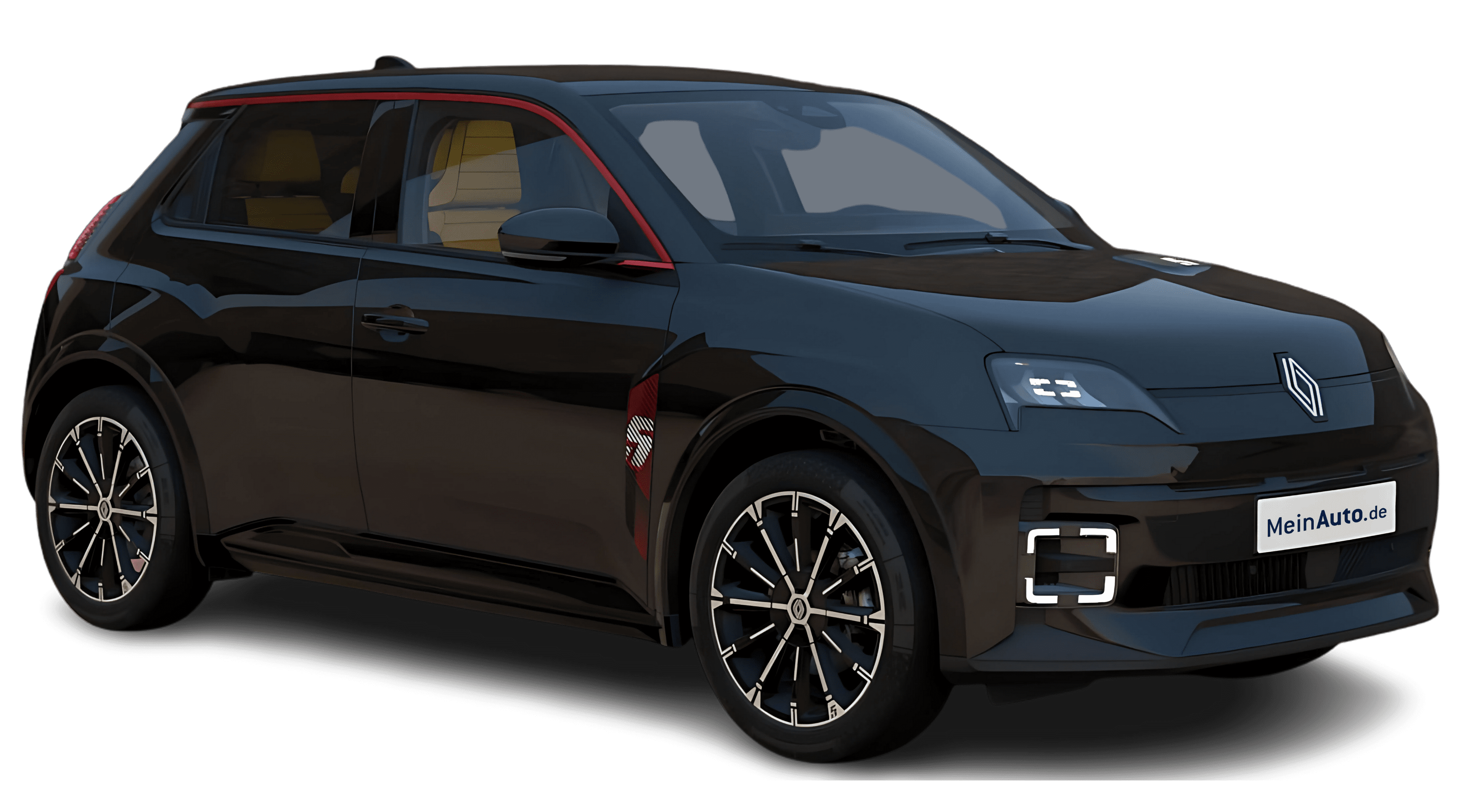 Schräge Frontansicht auf einen Renault 5 E-TECH, freigestellt
