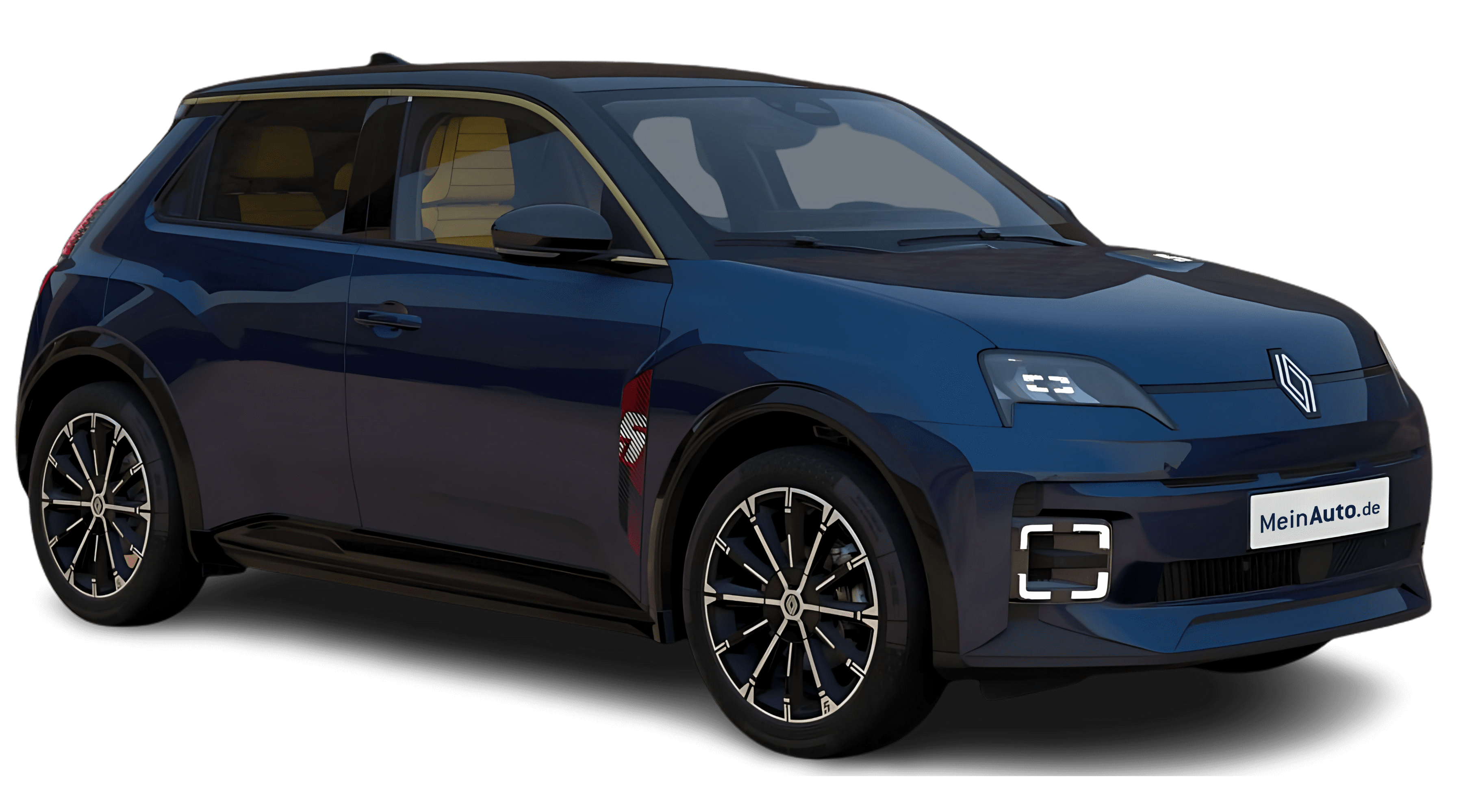 Schräge Frontansicht auf einen Renault 5 E-TECH, freigestellt