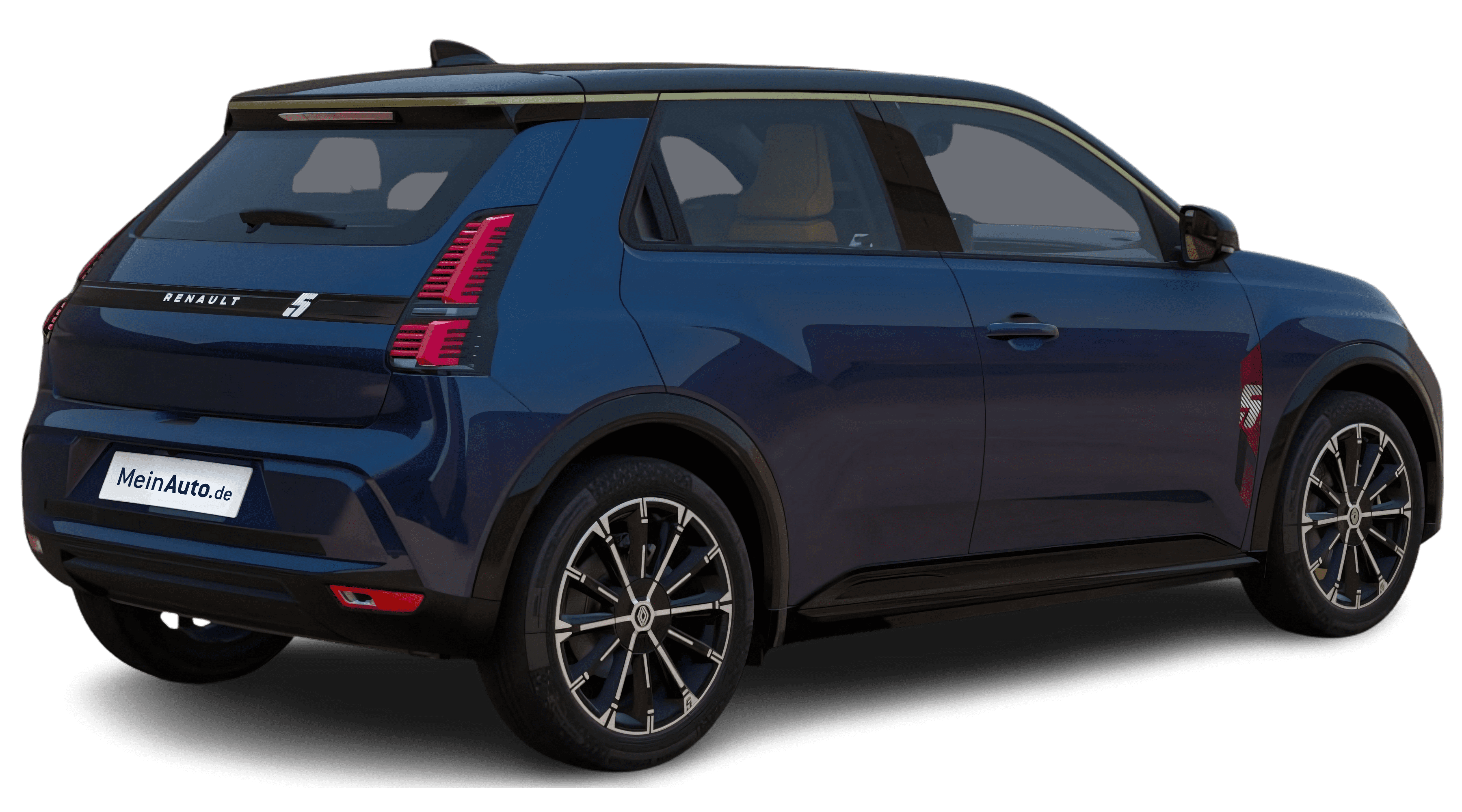 Schräge Heckansicht auf einen Renault 5 E-TECH, freigestellt