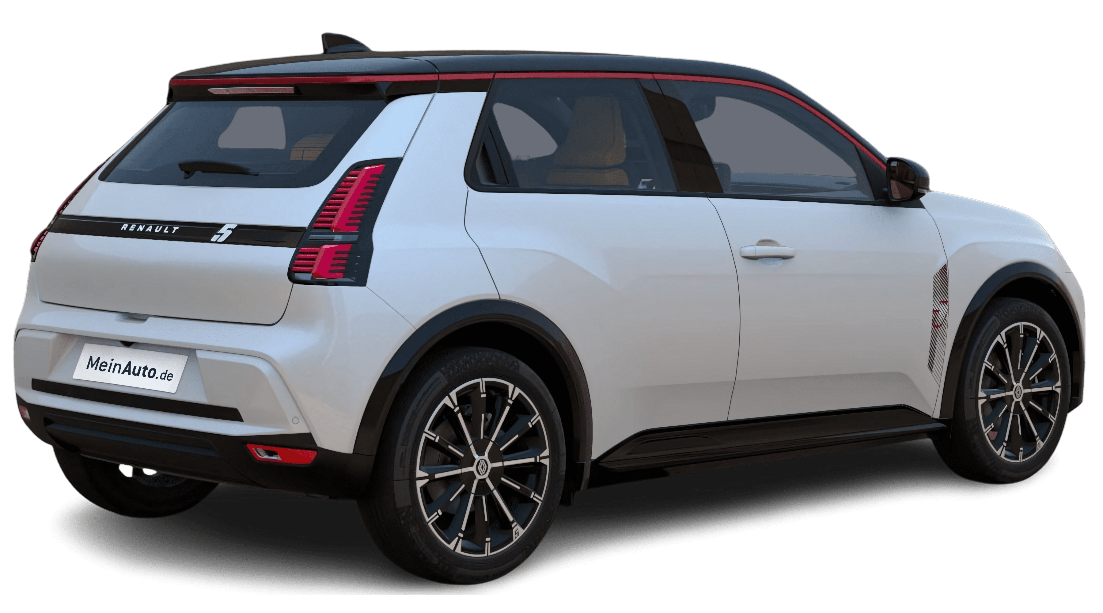 Schräge Heckansicht auf einen Renault 5 E-TECH, freigestellt