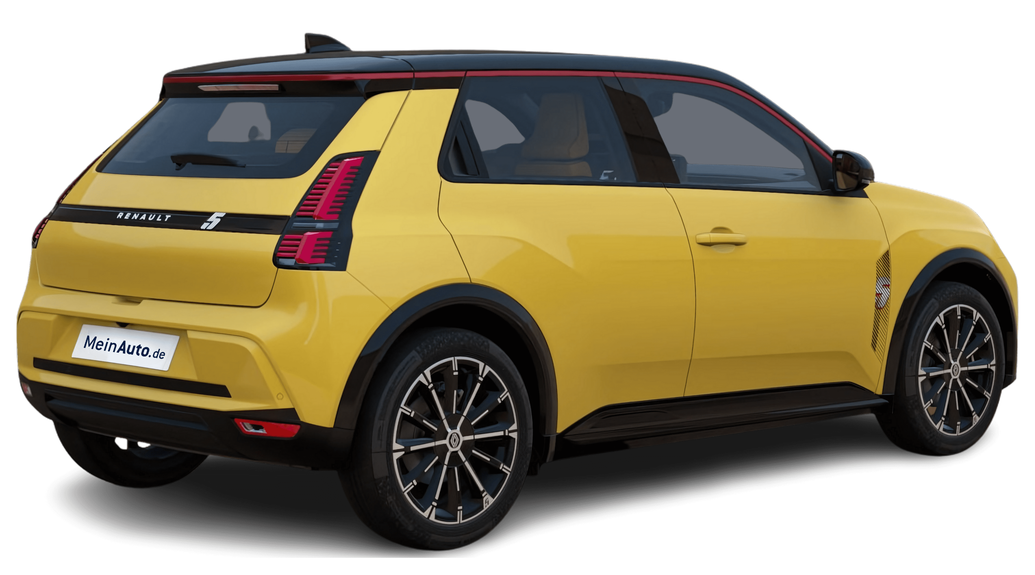 Schräge Heckansicht auf einen Renault 5 E-TECH, freigestellt