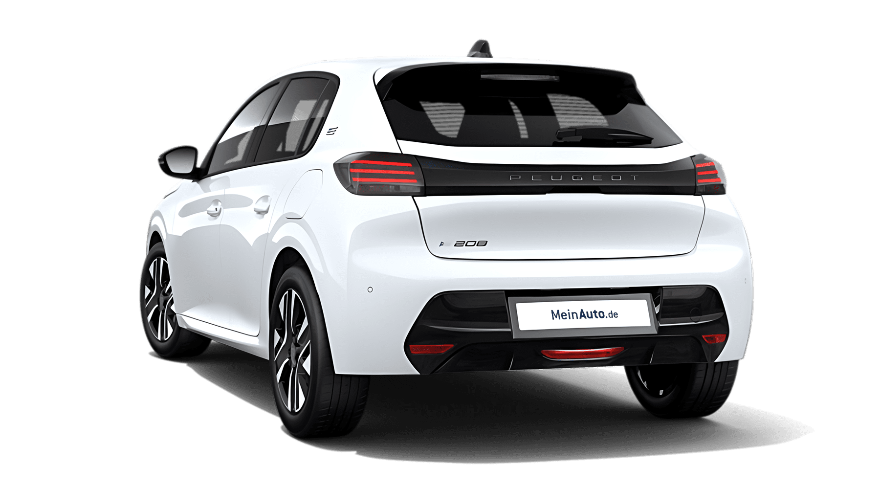 Schräge Heckansicht auf einen Peugeot e-208, freigestellt