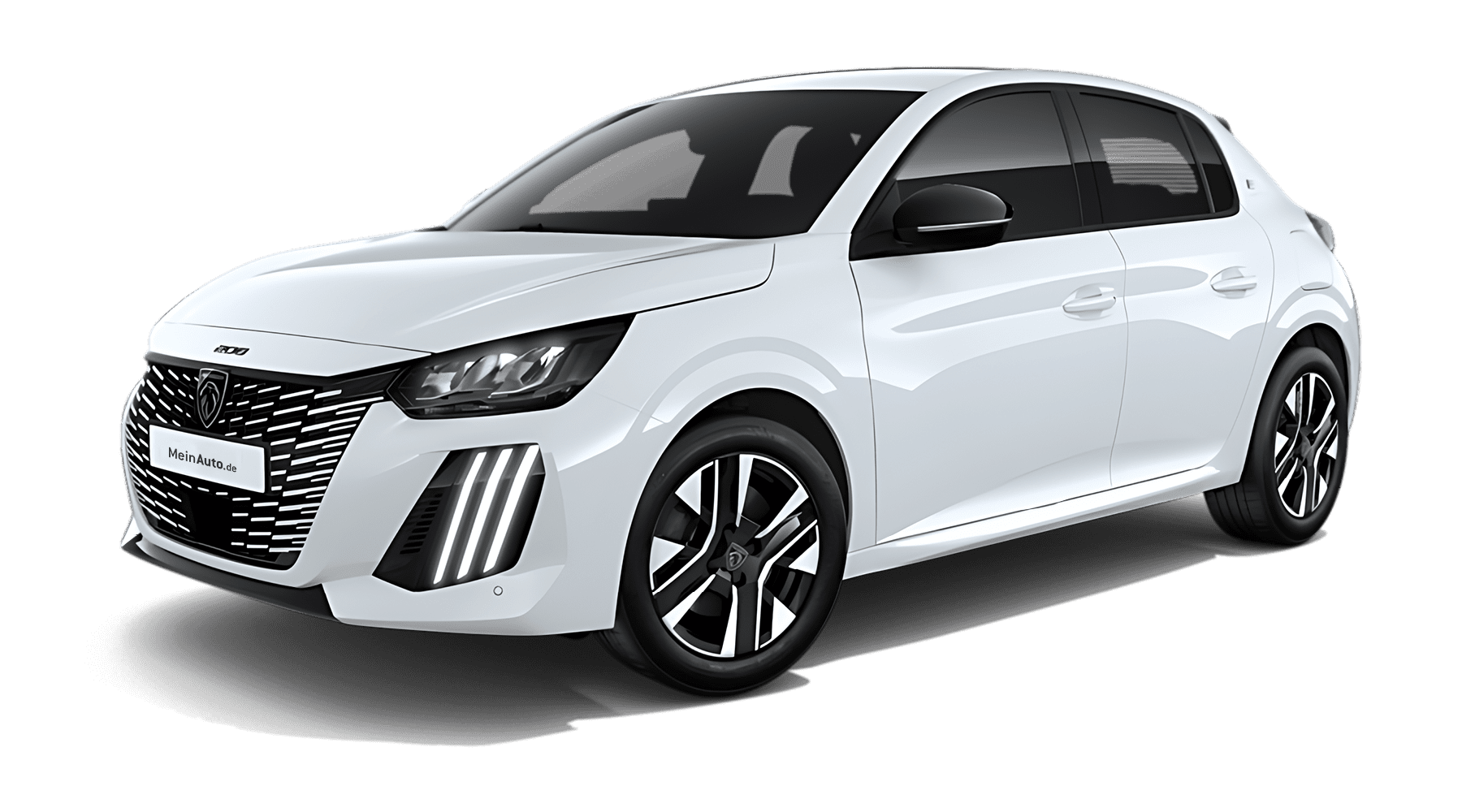 Schräge Frontansicht auf einen Peugeot e-208, freigestellt