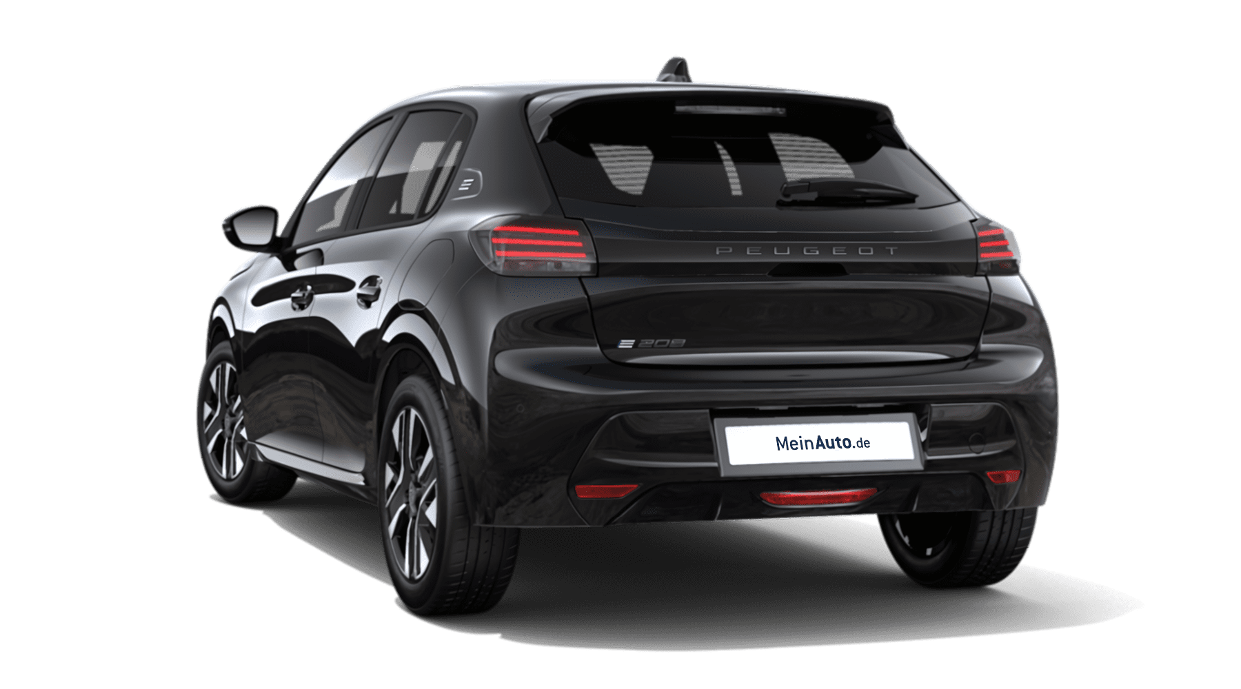 Schräge Heckansicht auf einen Peugeot e-208, freigestellt