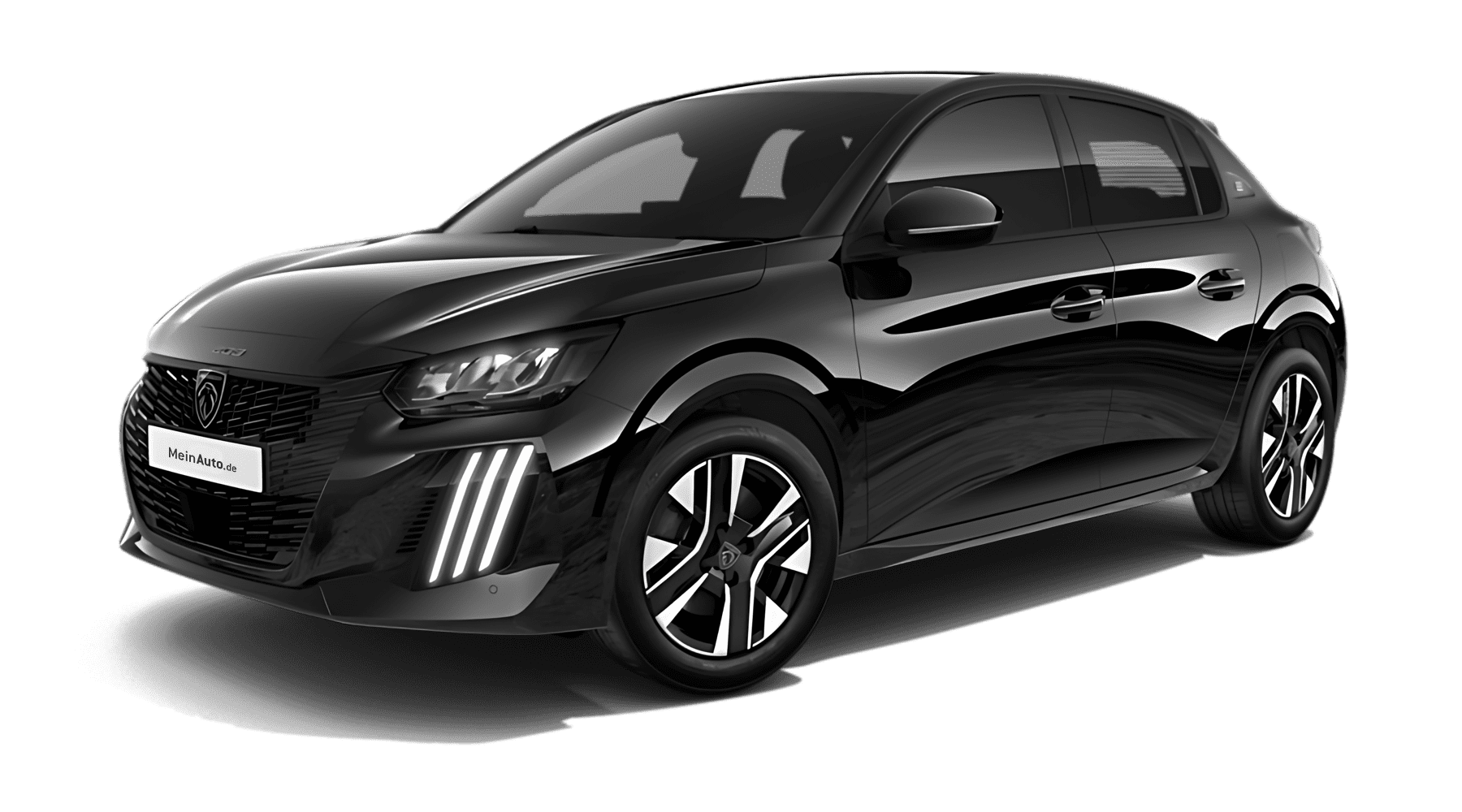 Schräge Frontansicht auf einen Peugeot e-208, freigestellt