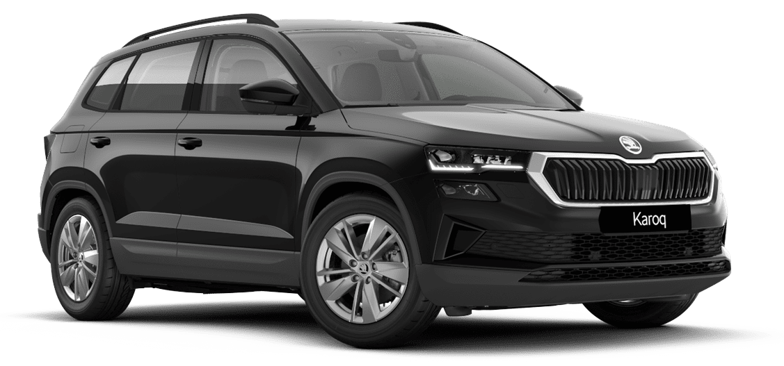 Schräge Frontansicht auf einen Skoda Karoq, freigestellt