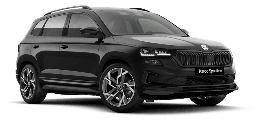 Schräge Frontansicht auf einen Skoda Karoq, freigestellt