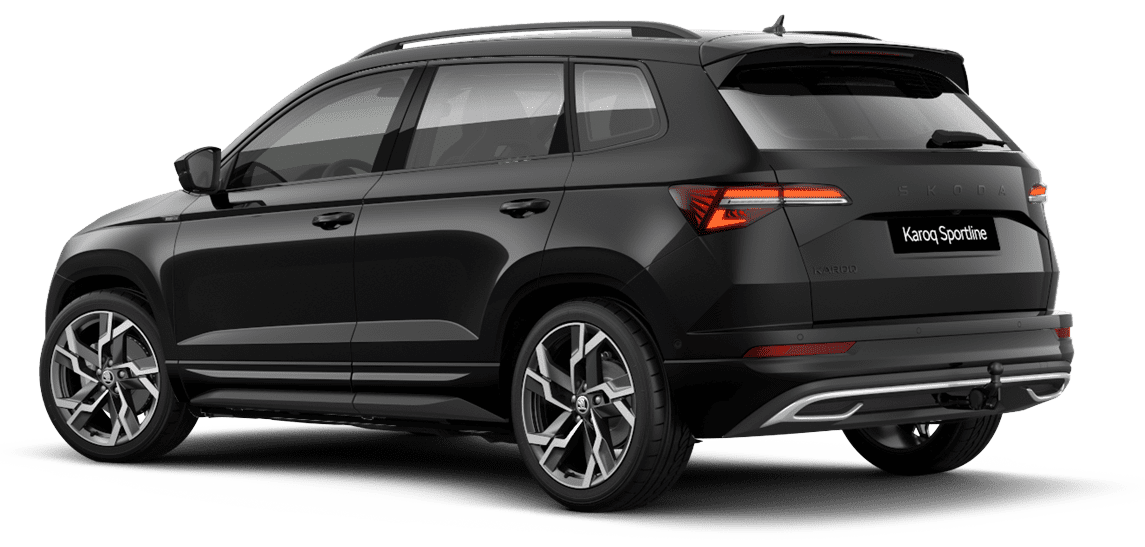 Schräge Heckansicht auf einen Skoda Karoq, freigestellt