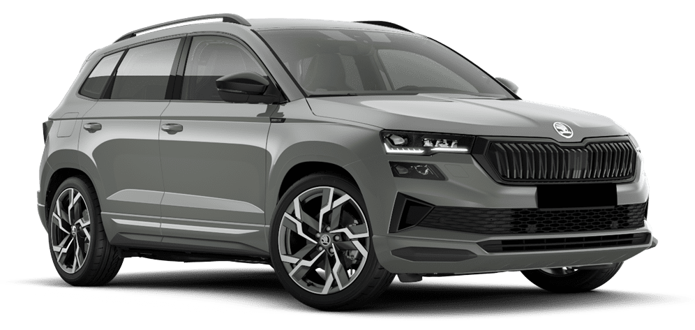 Schräge Frontansicht auf einen Skoda Karoq, freigestellt