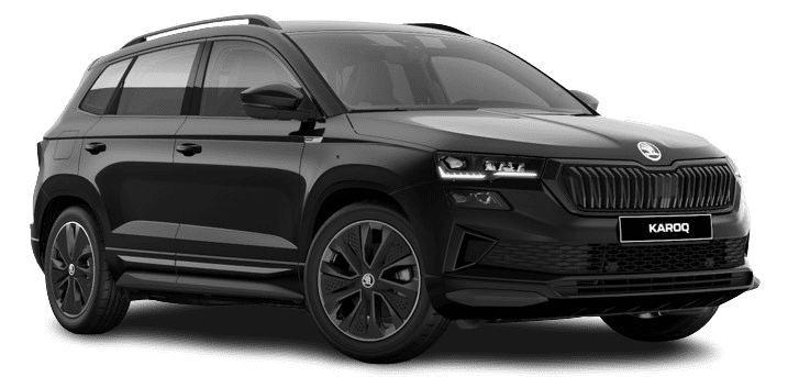 Schräge Frontansicht auf einen Skoda Karoq, freigestellt