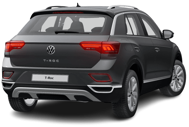 Schräge Heckansicht auf einen Volkswagen T-Roc, freigestellt