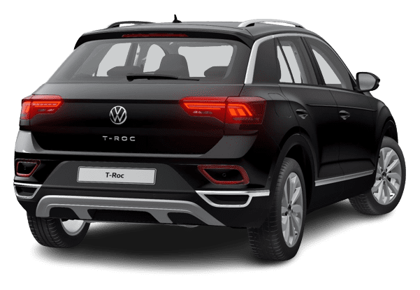 Schräge Heckansicht auf einen Volkswagen T-Roc, freigestellt
