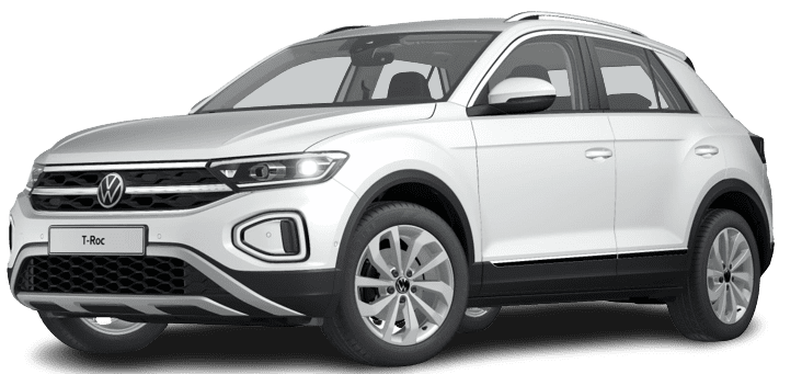 Schräge Frontansicht auf einen Volkswagen T-Roc, freigestellt