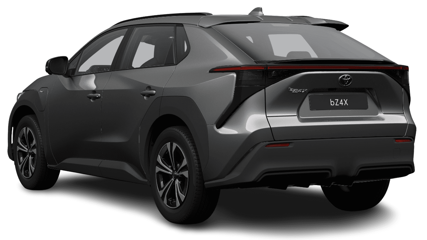 Schräge Heckansicht auf einen Toyota bZ4X, freigestellt
